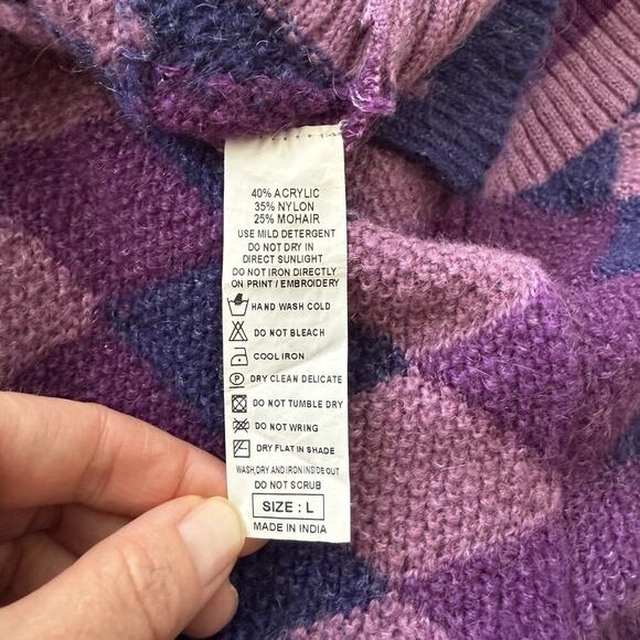 Bennetton Sweater Womens Large Purple Violet Cardigan Argyle Mohair Academia - Picture 7 of 8